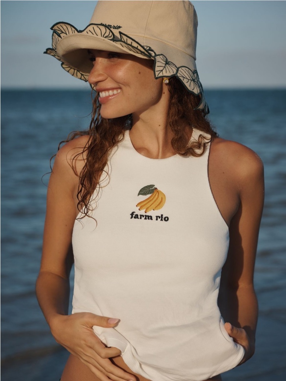 FARM Rio Leaf Trim Bucket Hat with Green Leaf Embroidery NEW